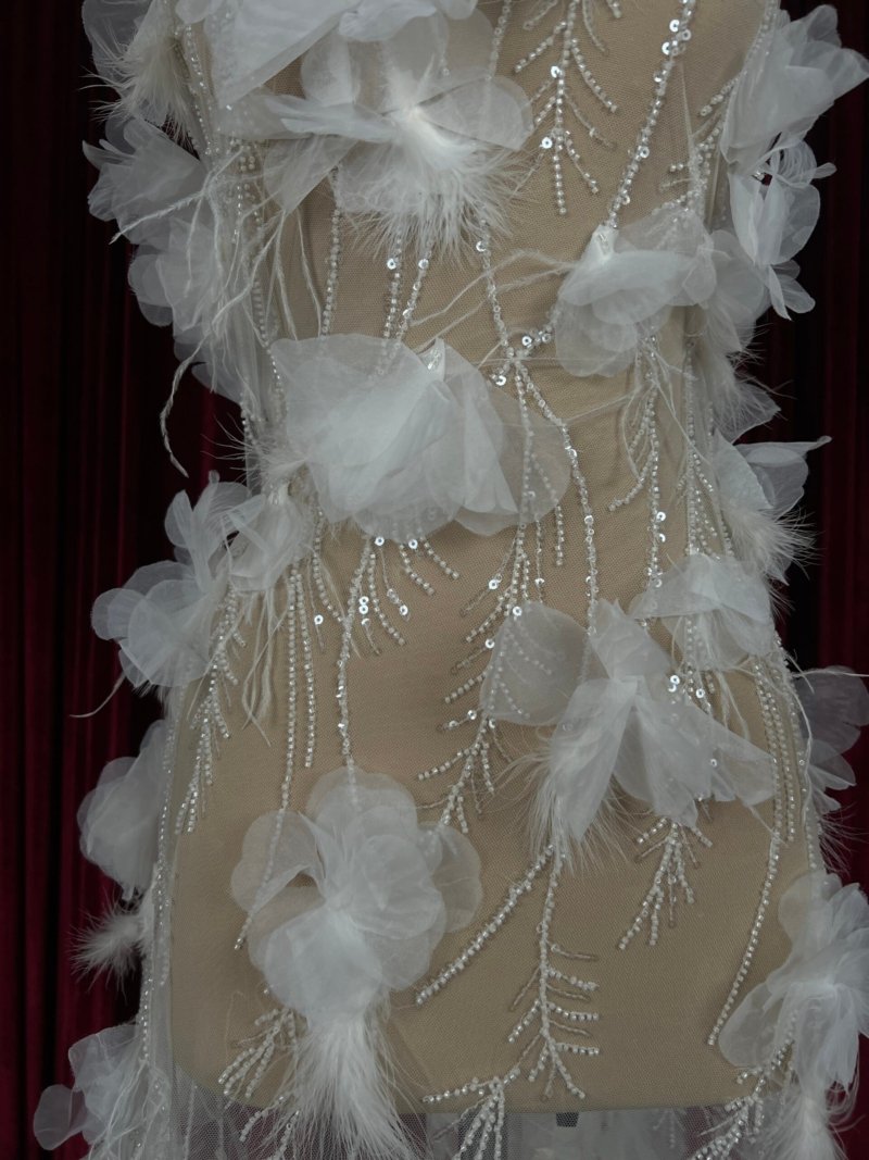 White bridal tulle fabric with 3D floral embroidery, beads, and vines – ROSALINDA