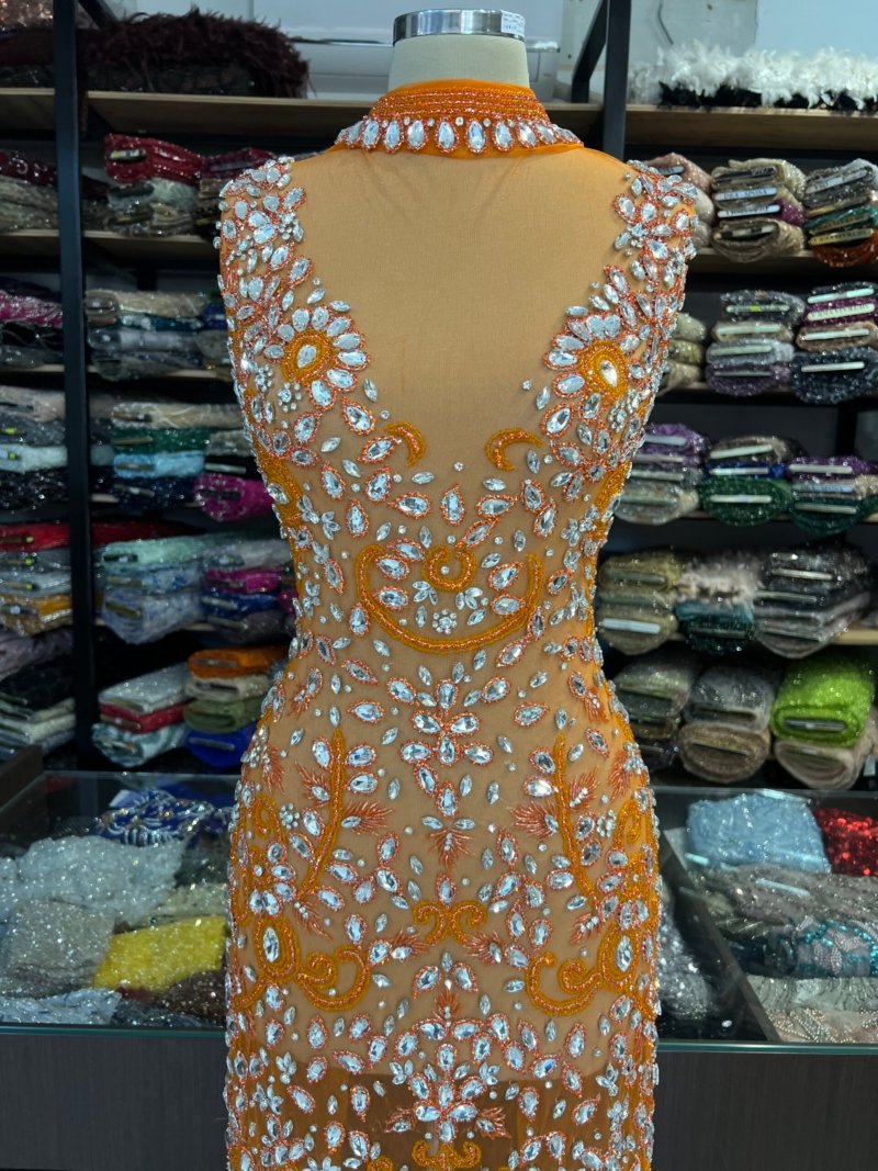 Orange tulle dress panel with beads and silver stones – royal design