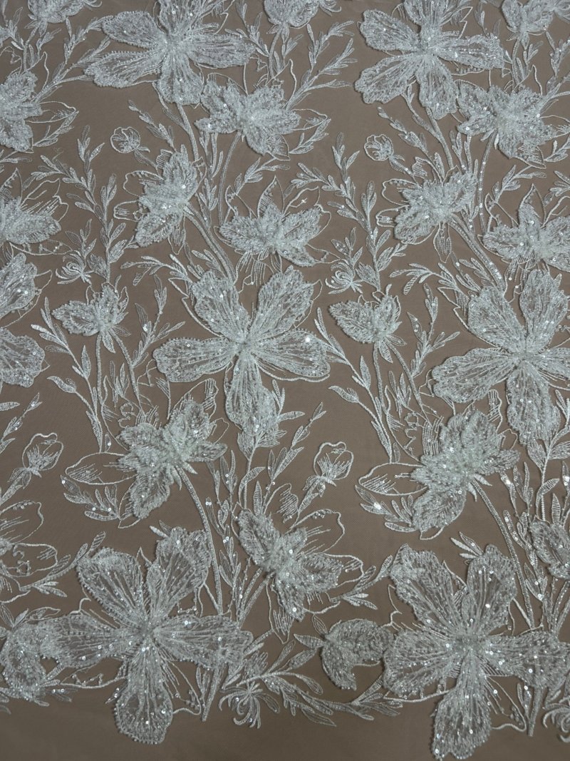 White lace fabric with oversized 3D flowers and bead embroidery