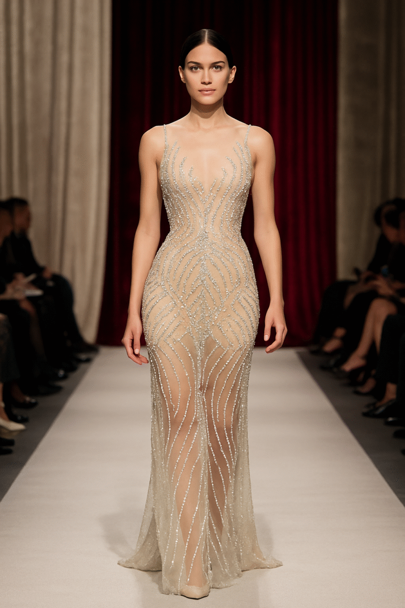 Nude tulle panel with silver embroidery, beads, and stones
