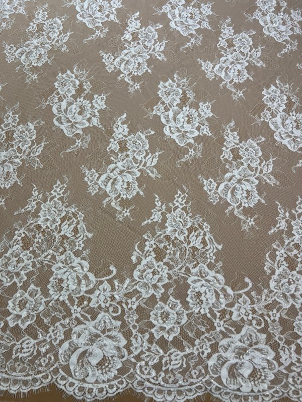 French bridal lace fabric with floral embroidery, crystals, and beads