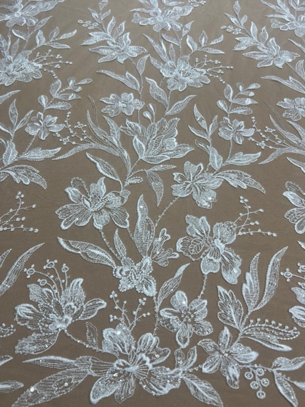 Ivy white bridal lace fabric with floral embroidery and beads