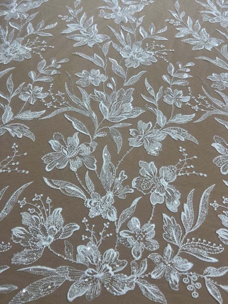 Ivy white bridal lace fabric with floral embroidery and beads