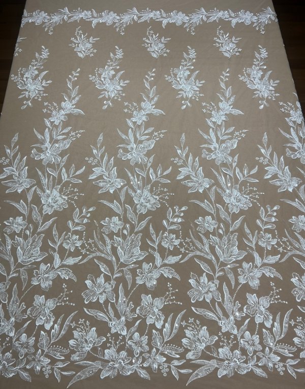 Ivy white bridal lace fabric with floral embroidery and beads
