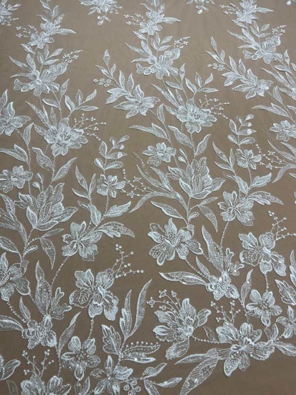 Ivy white bridal lace fabric with floral embroidery and beads